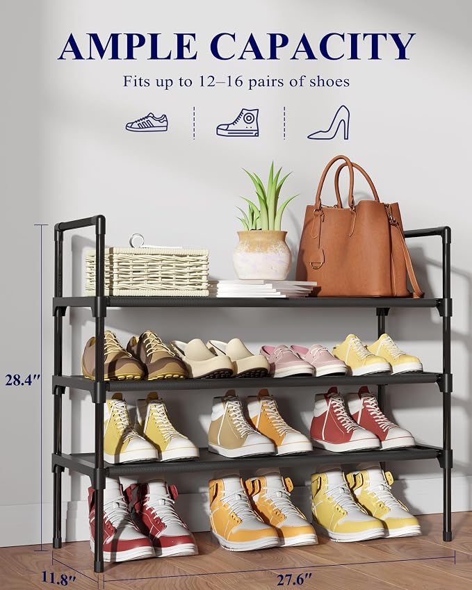 Kitsure Shoe Rack for Closet, Shoe Organizer, 27.6" Wide - 3 Tier, Black | Shoe Storage for Closet, Entryway, Easy- Assembly& Space-Saving Shoe Shelf with Side Handle, Closet Organizer