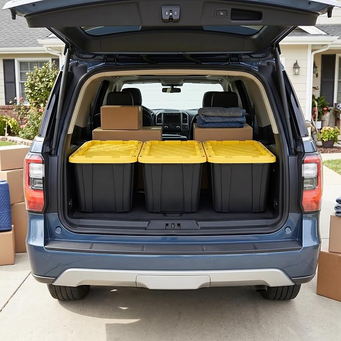 6 Pack 27 Gallon Heavy Duty Storage Bins with Snap Lids, Durable Plastic Storage Totes with Stackable Black Containers & Yellow Latching Covers for Home Garage Moving Organization