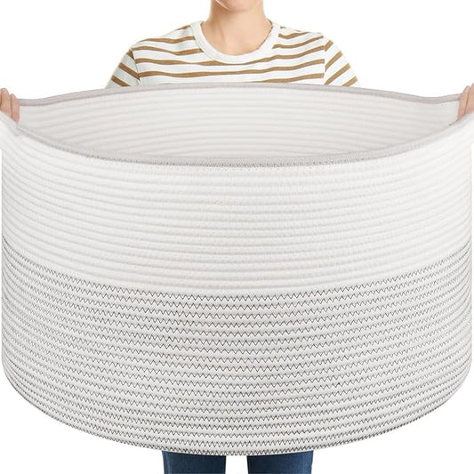 OIASKET Large Blanket Basket with Handles, 22.8" x 22.8" x 13" Woven Storage Basket for Living Room, Cotton Rope Baby Toy Storage for Clothes, Pillows, Towels-Black and White