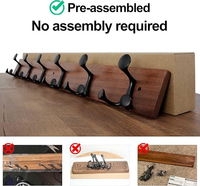 WEBI Coat Rack Wall Mount,36" Solid Wood Coat Hooks Wall Mounted Coat Hanger,16" Hole to Hole,Heavy Duty 6 Triple Hooks for Hanging Coats,Jacket,Hat,Backpack,Farmhouse,Reddish Brown