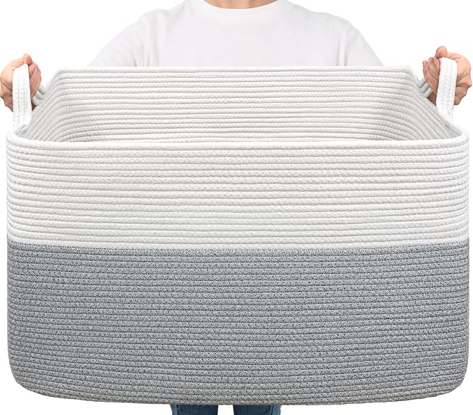 Goodpick Large Woven Blanket Basket, Rectangle Cotton Rope, White Gray | 85L, 23.6 x 15.7 x 13.8 in, Reinforced Handles, Living Room, Bedroom & Nursery Organization, Blankets & Pillows Storage