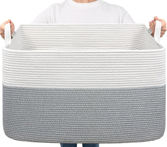 Goodpick Large Woven Blanket Basket, Rectangle Cotton Rope, White Gray | 85L, 23.6 x 15.7 x 13.8 in, Reinforced Handles, Living Room, Bedroom & Nursery Organization, Blankets & Pillows Storage