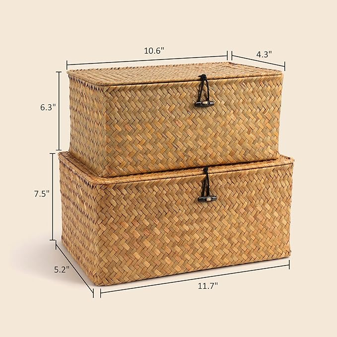 Nonam Storage Basket with Lid, Natural Seagrass Bin with Lid Set of 2, Shelf Baskets Multipurpose Container for Boho Decoration, Rectangular Household Storage Boxes for Home Organization-Natural