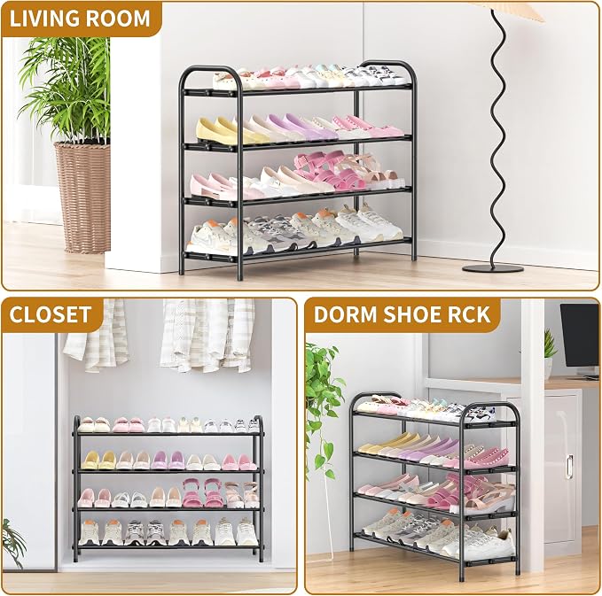 Hleelomi 4-Tier Metal Expandable Shoe Rack for Closet and Entryway, Black | Adjustable Shoe Organizer for Closet,Living Room,Dorm,Garage,Fits Small Spaces, Apartments and Rentals
