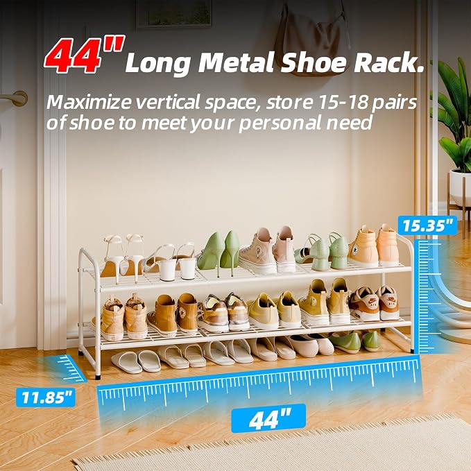 Shoe Rack for Closet, 2 Tier 44 Inch Extra Wide Shoe Storage Organizer for Shelves, Heavy Duty Metal, Easy Assembly, White