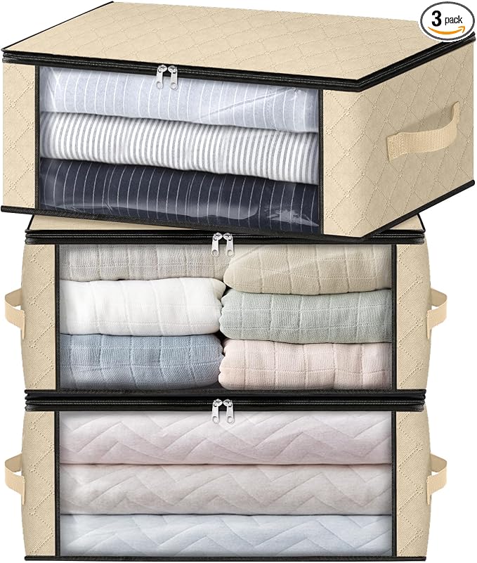 HomeHacks 3-Pack Clothes Organizer Storage Bags, 35L Storage Bins, Beige | Foldable Storage Box Container with Zippers, Clear Window, Reinforced Handles for Closet, Dorm, Pillows, Bedding, Sweater