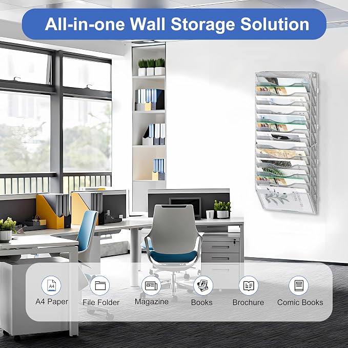 EasyPAG Wall File Organizer for Office 14 Pocket Mesh Wall Mounted Paper Organizer Hanging Folder Holder with Nametag Label for Home School, Silver
