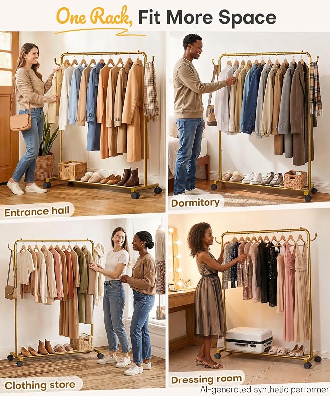 Homde Portable Clothes Rack for Bedroom: 4 Lockable Wheel Move Room-to-Room | Laundry to Closet in 1 Smooth Roll - No Heavy Lifting for Renters & Movers - 88 lbs Hanging Rod for Garment Coat to T-Shirt