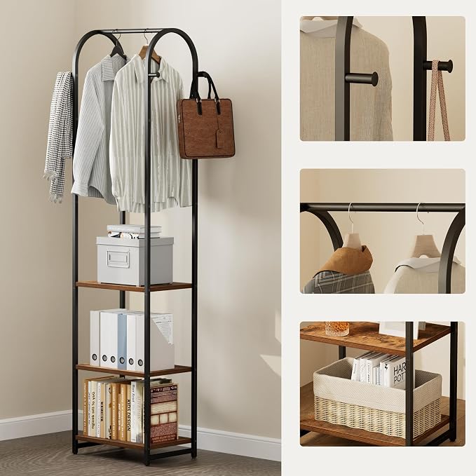 Garment Rack, Coat Rack with 3 Shelves and 4 Hooks, 71" H Clothes Stand for Hanging Clothes, Hanging Rod for for Bedroom, Hallway, Entryway, Office, Living Room, Rustic Brown and Black
