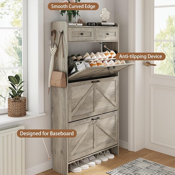 Shoe Cabinet with 3 Flip Drawers & 2 Top Drawers, 57" Tall Freestanding Narrow Wooden Shoe Storage Organizer for Entryway, Hidden Slim Shoe Rack for Front Door Entrance, Hallway, Living Room, Grey