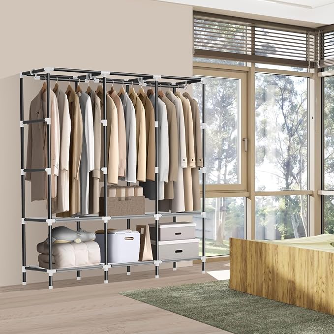 LOKEME Wardrobe Closet,Steel Pipe Diameter 19mm,Portable Closet for Bedroom | Strong and Sturdy Portable Closets for Hanging Clothes with 3 Hanging rods, 6 Storage Shelves and Side Pockets