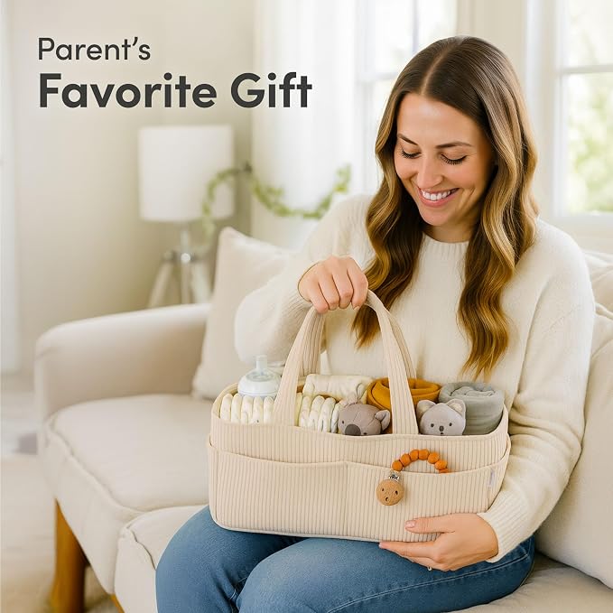 PUTSKA Baby Diaper Caddy Organizer, Nursery Basket, Cream Corduroy