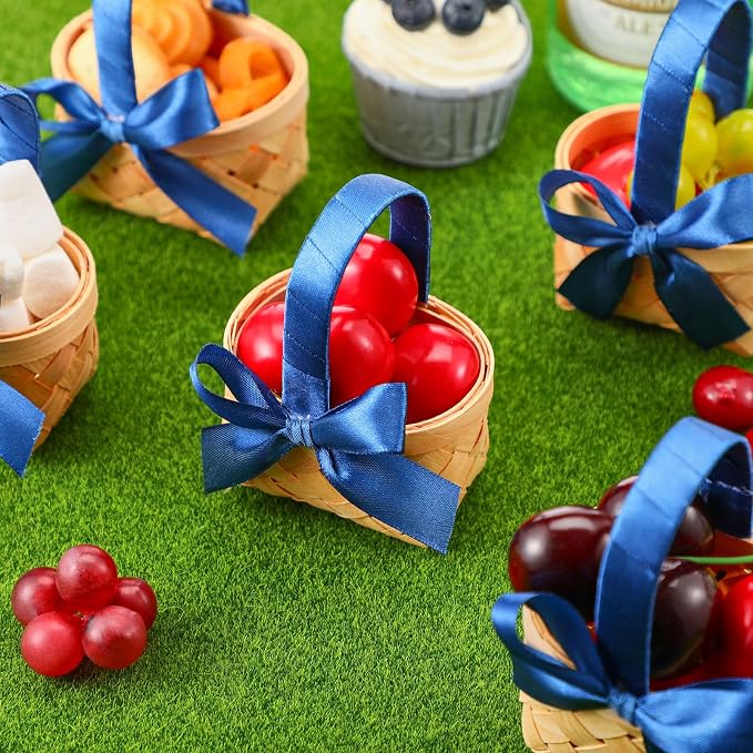 12 Pcs Mini Flower Girl Basket Mini Woven Baskets with Handles Wood Chip Flower Fruit Picnic Holder with Dark Blue Ribbon Chip Bucket for Wedding Party Gifts Baby Shower Birthday Decoration