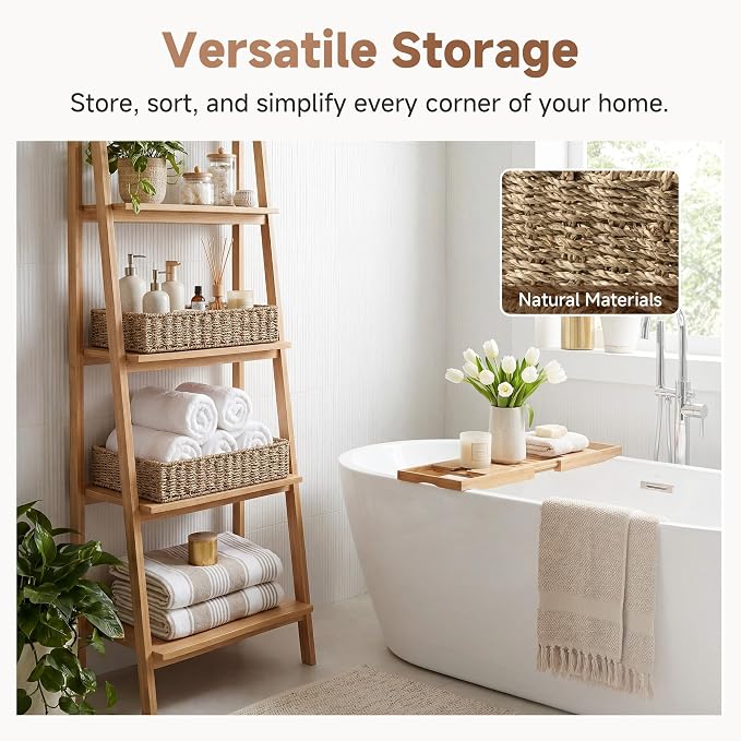 StorageWorks Large Seagrass Tray for Bathroom, Seagrass Storage Baskets for Shelves, Handwoven Natural Wicker Baskets for Organizing, 2-Pack | Handwoven Seagrass Trays for Decor & Organizing, Shallow Rectangle Wicker Tray for Coffee Table, Living Room,...