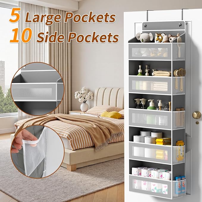 AQOOA 5-Tier Over The Door Organizer 44 lbs Capacity fit Standard Doors | Over the Door Storage 5 Large 10 Side Pockets, Closet Door Organizer Hanging Shelf for Closet Bathroom Bedroom Nursery, Grey