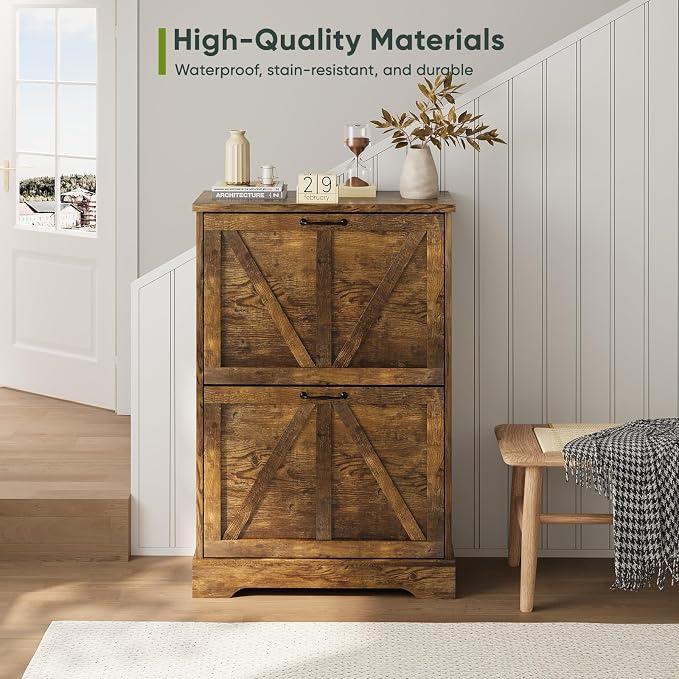 Smart FENDEE Shoe Cabinet, Shoe Storage Cabinet for Entryway with 2 Flip Drawers, Narrow Farmhouse Shoe Organizer Cabinet, Slim Shoe Rack Cabinet, 23.6in Rustic Brown
