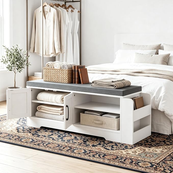 GRUSIGN 39.6" Shoe Storage Bench with Cushion, Entryway Shoe Cabinet, White | 3-in-1 Shoe Storage Bench, Adjustable Shelves, Removable Cushion, 300 lbs Capacity, Entryway, Apartment, Families