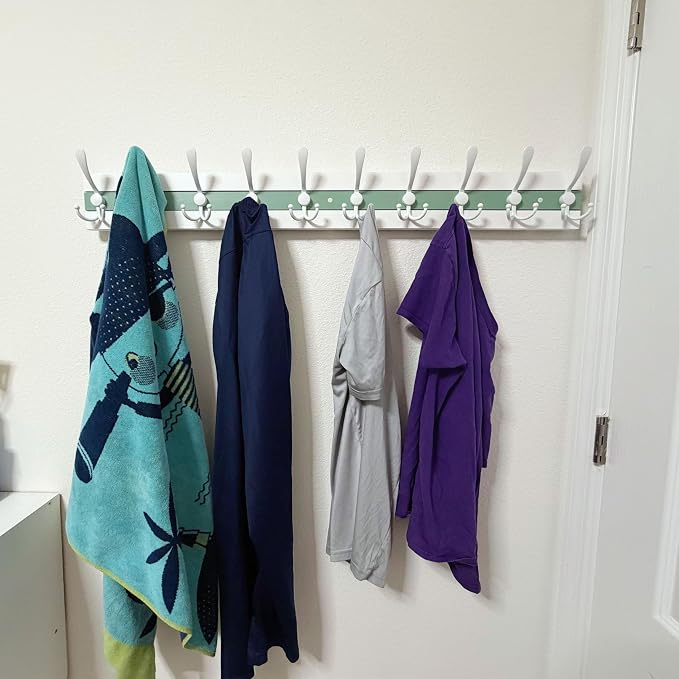 SKOLOO Coastal Wall Mounted Coat Rack - 38-1/8" Beach House Entryway Wooden Coat Hook with 10 Hooks for Hanging Coats, Hats or Towels, Oceanfront Cottage Core Collection, White & Green
