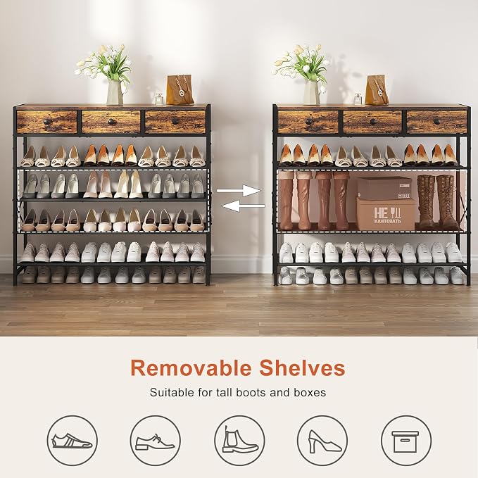 5 Tier Shoe Rack with 3 Drawers Rustic Brown | Holds 24-30 pairs. 3 drawers for accessories. Fabric shelves keep shoes dust-free. Quick 20-min assembly.