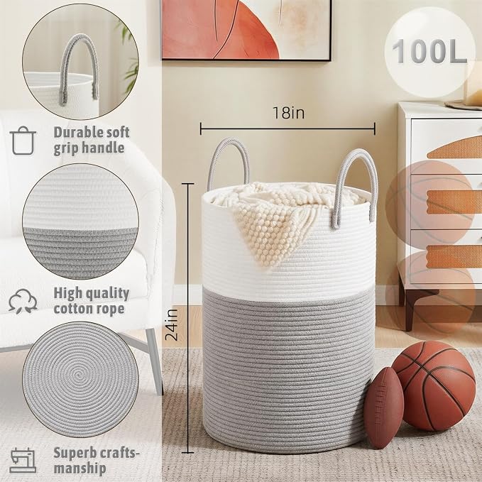 Artfeel Laundry Basket,Woven Cotton Rope Laundry Hamper,100L for Decorative Storage of Dirty Clothes,Toys and Blankets in Bathroom,Baby Room and Living Room