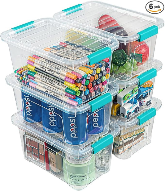 Storage Bins with Lids 6 Pack Clear Storage Containers, 7 Quart Stackable Plastic Containers with Secure Black Buckle Latch, Durable Storage Box Organizer for Pantry, Closet, Office & Classroom