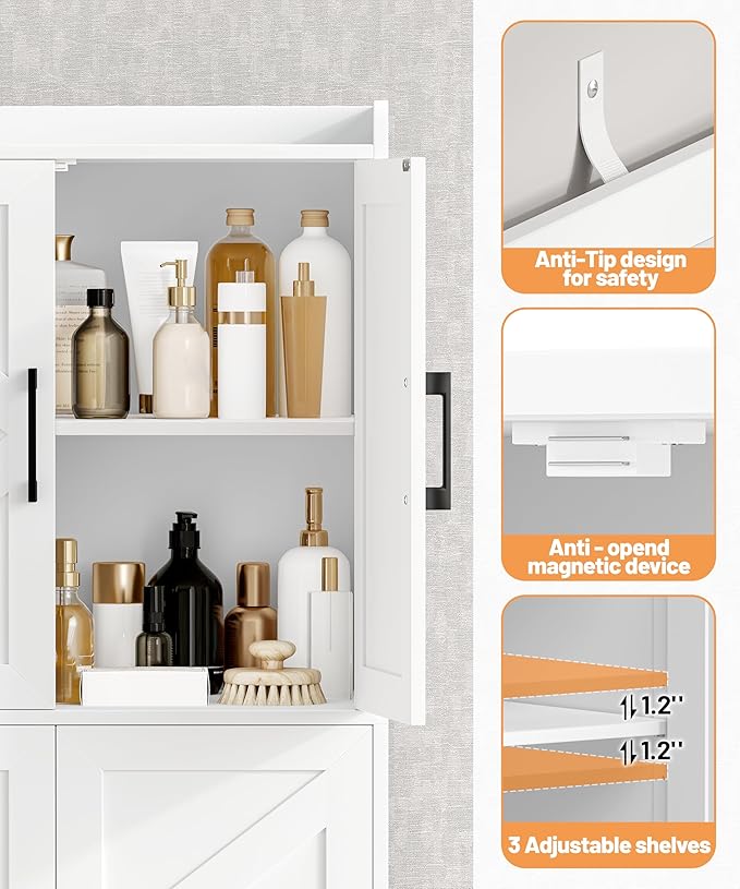 Akxomel Tall Bathroom Floor Cabinet with 6 Barn Door 60.2''H Pantry White | 11.6''D x 22.6''W Linen Storage Cabinet with Adjustable Shelves, for Kitchen, Living Room, Entryway