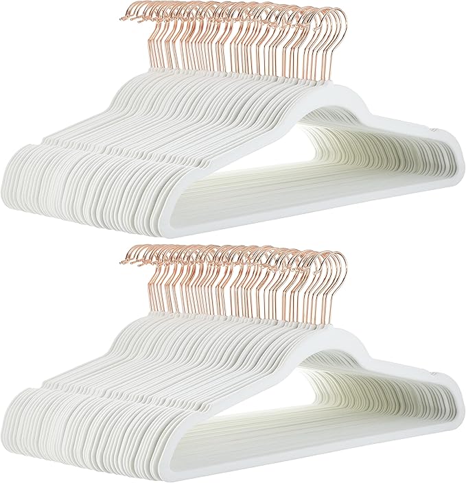 Amazon Basics Slim Velvet Non-Slip Space Saving Suit Clothes Hangers for Closet Organization, Ivory/Rose Gold, 100-Pack