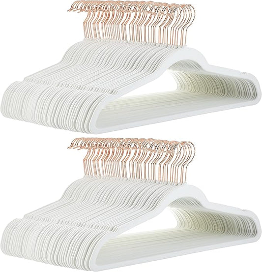 Amazon Basics Slim Velvet Non-Slip Space Saving Suit Clothes Hangers for Closet Organization, Ivory/Rose Gold, 100-Pack