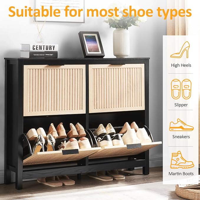 4-Flip Drawer Shoe Cabinet Narrow Entryway Rack, Oak & Black | Vertical Wood Grain, Metal Handles, Adjustable Compartments, Removable Shelf, Anti-Tip Device, for Hallway Foyer Entryway