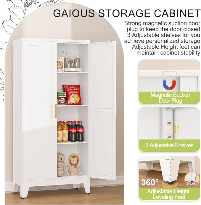 GAIOUS Metal Pantry Cabinet, Kitchen Pantry Storage Cabinets with 2 Door and 3 Adjustable Shelves, White Kitchen Pantry Cabinet, Freestanding Cupboard for Dining Room Living Room Bathroom