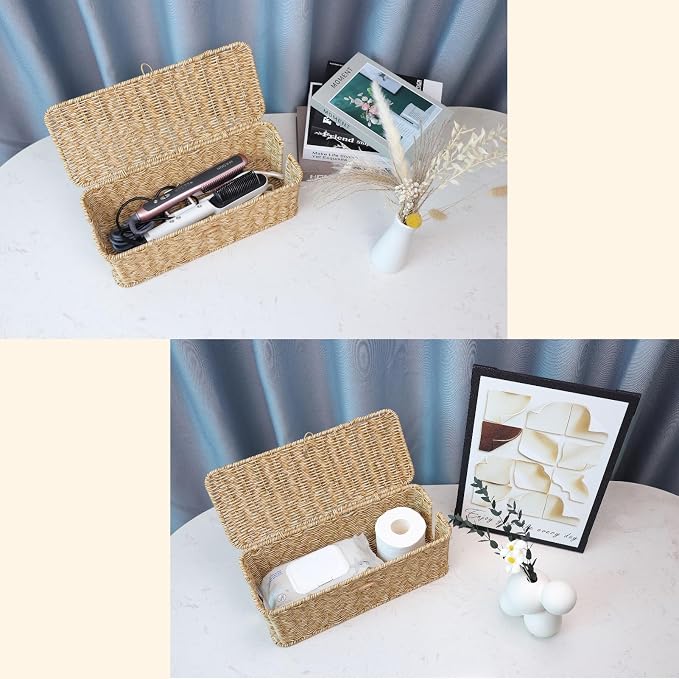 BROWNLILY Cable Management Box, Rattan Style Cord Organizer for Desk Cord Hider Outlet Covers for Power Strip TV PC Router Charger Under Desk Storage with Lockable Lid and Cable Ties