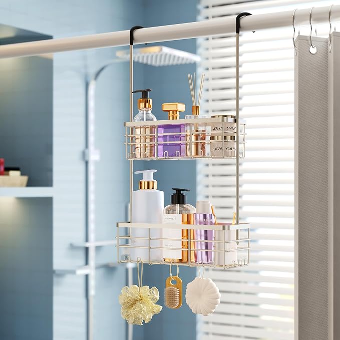 HapiRm Shower Caddy Organizer Hanging - No Drilling Shower Rack with Hooks | For Renters & Small Bathrooms, No Drilling 2-Tier Shelves, Rustproof 304 Stainless Steel, Brushed Nickel