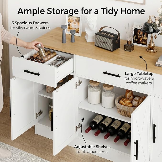 Buffet Sideboard Cabinet with 4 Doors, Farmhouse Kitchen Storage Cabinet with Adjustable Shelves, Freestanding Coffee Bar Cabinet for Dining Room, Living Room & Kitchen, Classic White