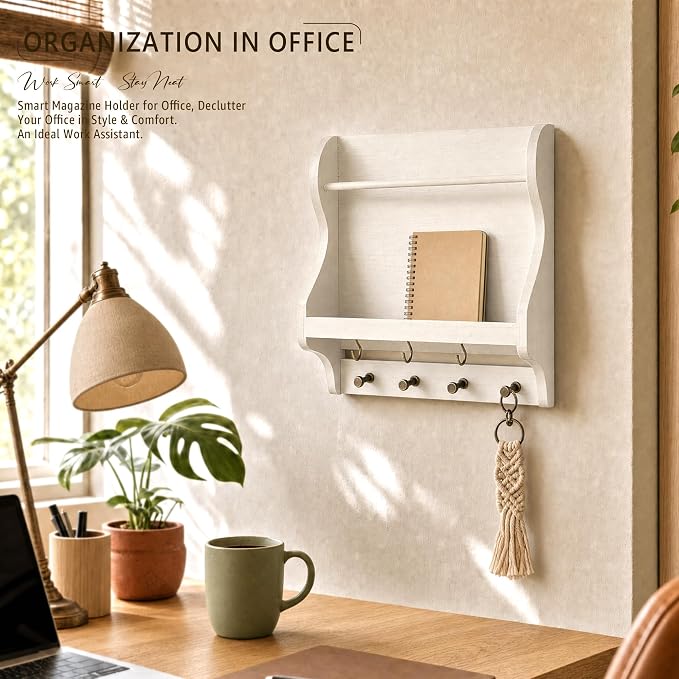Rebee Vision Mail Organizer Wall Mount with 7 key Hooks Home Decor, White | Mail Holder for Wall, Key Hanger for Sunglasses and Wallets, Mail, Farmhouse Magazine Holder, Wood Decor, Apartment Aesthetic