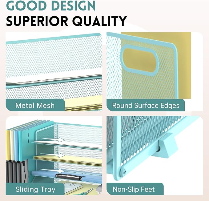 5-Tier Desk Organizer with File Holder & Pen Holder & Sliding Drawer, Blue | Mesh Metal Paper Letter Tray for Papers, Mail, Office Supplies, and Desk Accessories