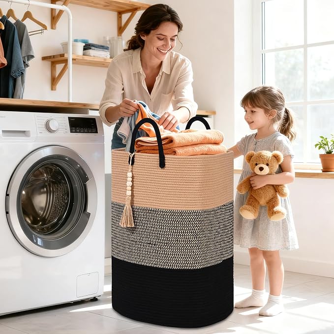 Woven Laundry Basket for Clothes, 65L Large Rectangle Laundry Hampers with Beads Tassel, Nursery Storage Basket for Toys, Tall Dirty Clothes Hamper for Bedroom Aesthetic, Laundry Room Organization