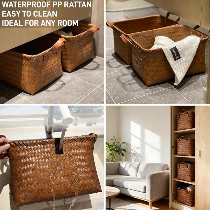 GIB Wicker Woven Storage Baskets for Organizing Blankets Laundry Shelves | Clothes Hamper, Large Closet Storage Bins Organizer, for Living Room Toys Shoes Organization, Plastic Rattan, Brown, 4 Pack