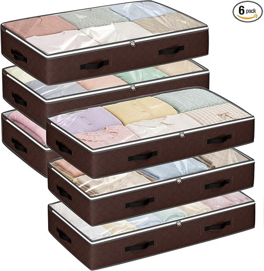 Budding Joy 6 Pack 90L Under bed Storage Containers Brown | Clothes storage bins foldable storage bags with clear window for blanket, comforter, sweaters, pillows, wrapping paper