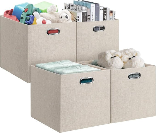 Posprica 13x15x13in Collapsible Storage Bins, Fabric Foldable Cube Storage Boxes, Decorative Storage Baskets Organizer for IKEA Kallax, Shelves, Closet, Clothes, Set of 4-Beige