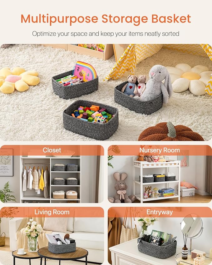 KALLAX Small Woven Storage Basket for Organizing, 12 x 8 x 4.5 inch, 3 Pack | Shelf baskets for closet organization, toy storage and home decor, Perfect as empty gift baskets for holidays, Mixed Black
