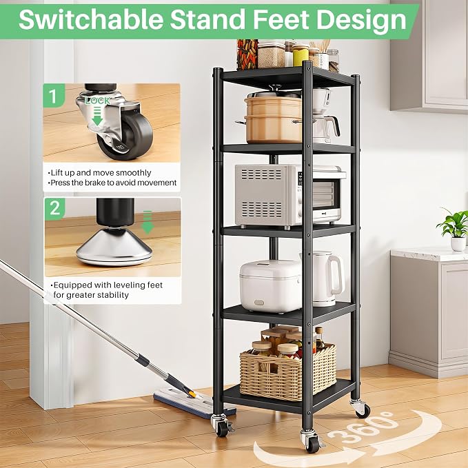PXRACK 5-Tier Kitchen Storage Shelves, Adjustable Metal Shelves for Storage Pantry Shelves with Rolling Wheels, Storage Rack Shelving Unit Organizer for Bedroom Laundry Closet