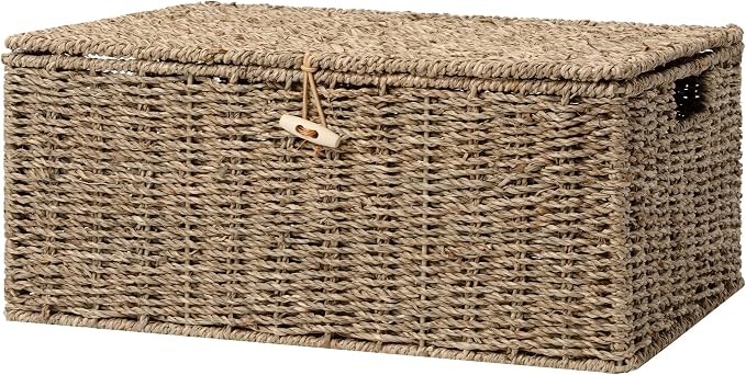 StorageWorks Extra Large Wicker Baskets with Lid for Organizing, Seagrass Storage Baskets for Shelves, Decorative Box with Built-in Handles, Natural, 1 Pack