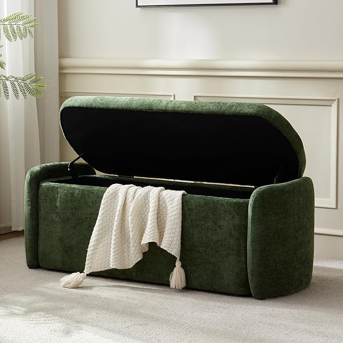 VKNOW Storage Bench, Upholstered Storage Ottoman Bench with Hinge, Green | Ottoman Bench with Large Capacity, Curved Frame, Soft Fabric, Storage Bench for Bedroom, Living Room, Entryway, Window