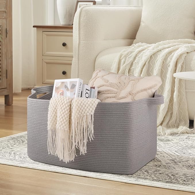 OIASKET Extra Large Blanket Basket, 24" x 16.9" x 14.2" Woven Storage Basket for Living Room, Rectangle Nursery Blanket Storage for Toys, Towels, Dirty Clothes (Light Grey)