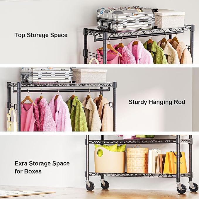M MZG Heavy Duty Rolling Garment Rack 3 Tiers Adjustable Wire Shelving Clothes Rack with 1 Rods and Side Hooks,Storage Closet Clothing Rack with Wheels Black 15.7" D x 45.3" W x 75.6" H