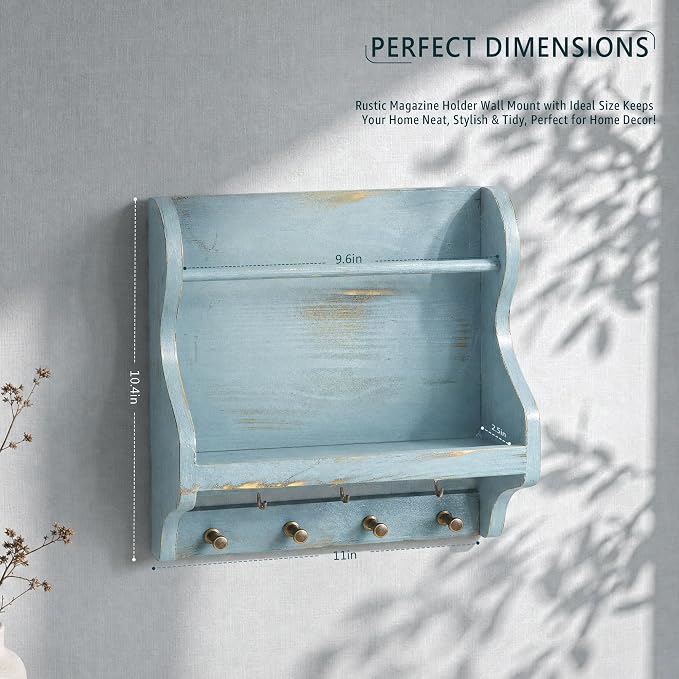Pine Wood Mail Organizer Wall Mount: Magazine Holder for Room Decor, Blue | Anti-drop wood strip, Letter Holder Slot for Newspaper, 7 Key Hooks, Rustic Entryway Organizer, Ideal Home Organization