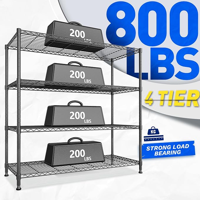 2 Set of 45 "W Metal Shelving Unit 4 Tier Storage Shelves Adjustable Wire Shelving Metal Shelf Pantry Shelves Wire Rack Commercial Shelving for Kitchen Pantry Garage 45 "W x 59.4 "Hx 13.5" D Black