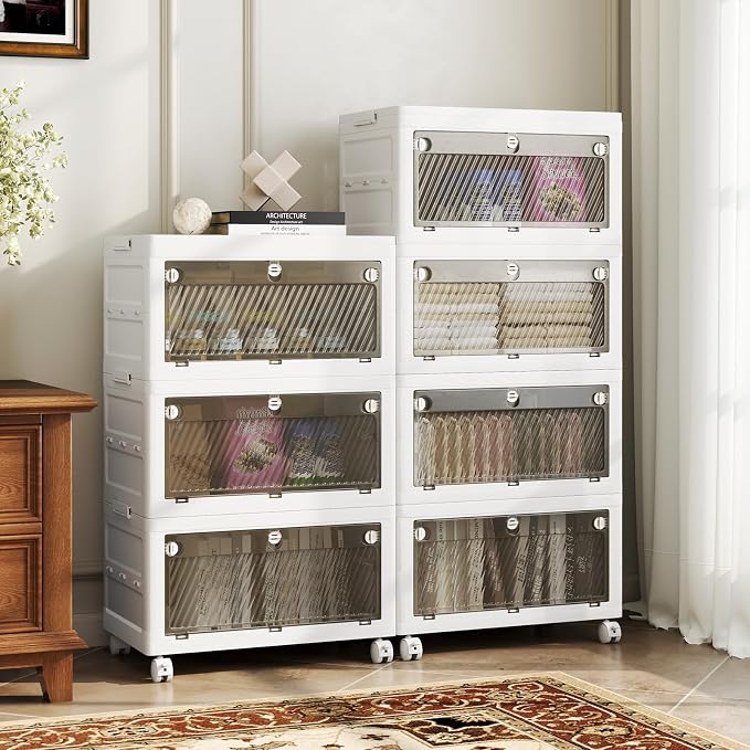 3-Tier Stackable Storage Bins, 33-gal Collapsible Storage Boxes with Lid, 3-Way-to-Open Drawers, Foldable and Stackable Closet Storage Organizer with Wheels for Bedroom, Cloakroom, Dorm