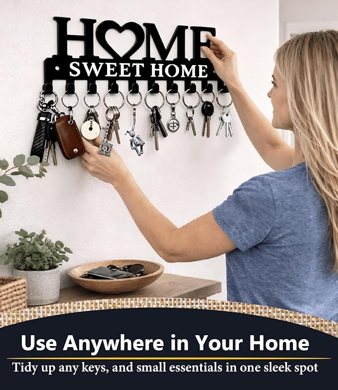 Key Holder Hooks Organizer Hanger Rack Wall Mounted Sweet Home Metal Decor Stylish and Practical for Entryway Front Door Kitchen Hallway Garage Mudroom Office Hardward Included Black (Sweet 10 Hooks)