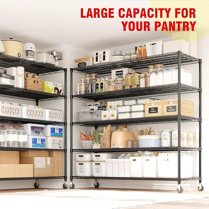 Garvee 3300LBS 5 Tier Metal Shelving with Wheels,82"H Storage Shelves,Black | 59"Wx23.6"D, Heavy-Duty 660 lbs Per Shelf, Adjustable Wire Shelving Units, Leveling Feet,for Garage Kitchen Warehouse